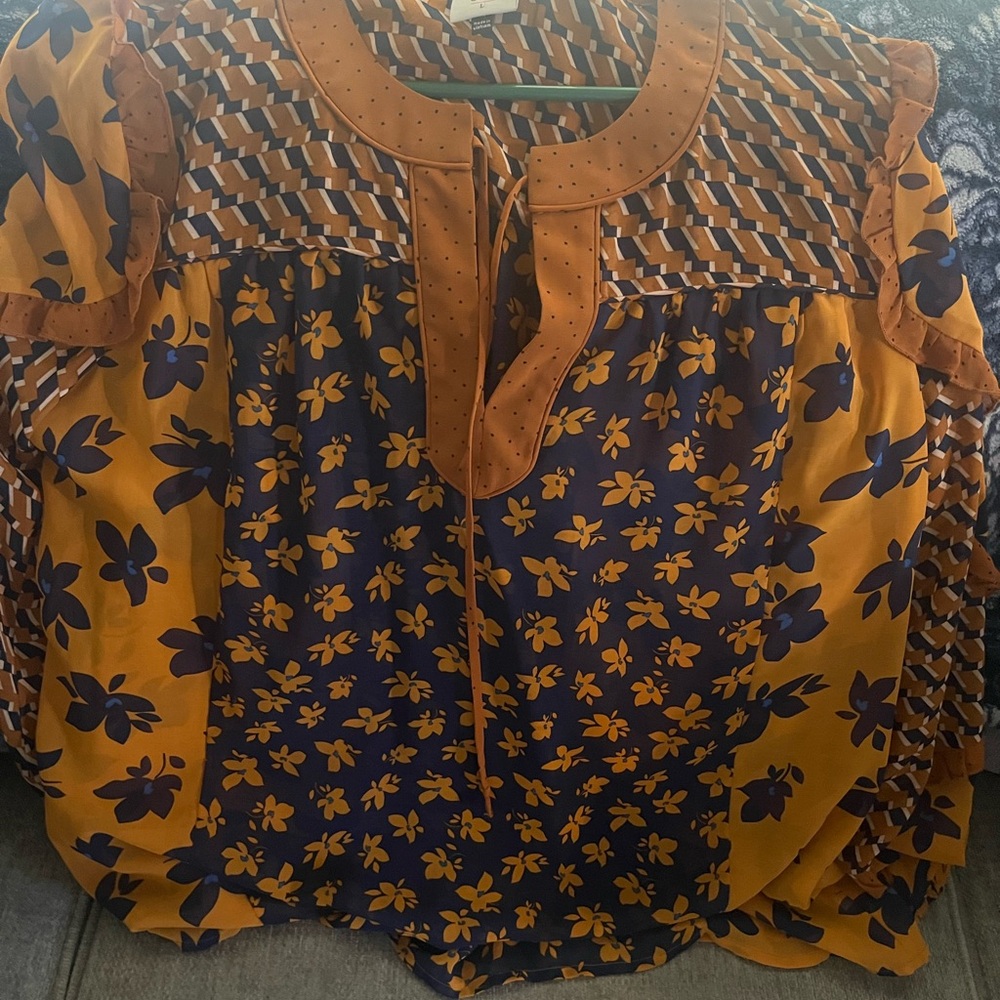 CAbi Orange and Navy Floral Blouse